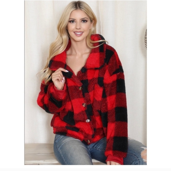 BUFFALO PLAID FAUX FUR BUTTON UP JACKET.  NEW - Picture 2 of 5